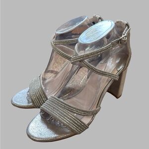 Silver Antonio Melani Strappy Block Sandal Heels Rhinestones Women's Sz 8.5